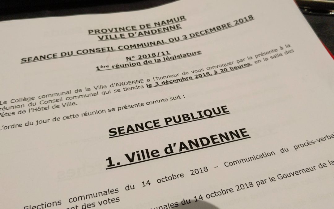 Photo de la première page de lordre du jour du conseil communal du 3 décembre 2018 à Andenne